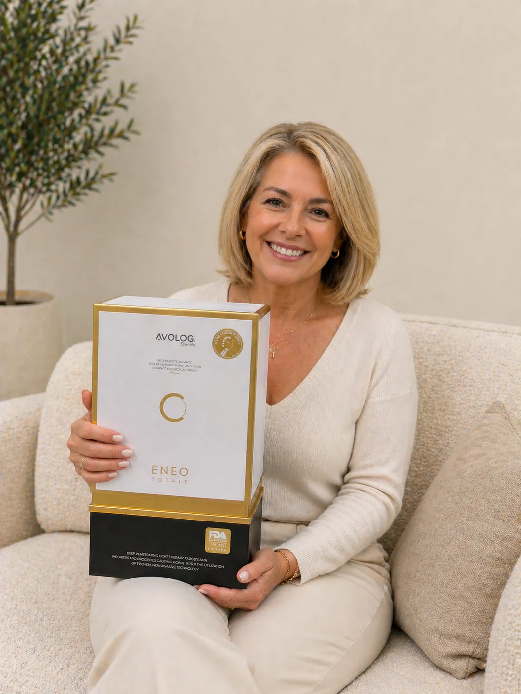 A smiling woman sitting on a sofa holding the boxed Avologi Eneo Totalé